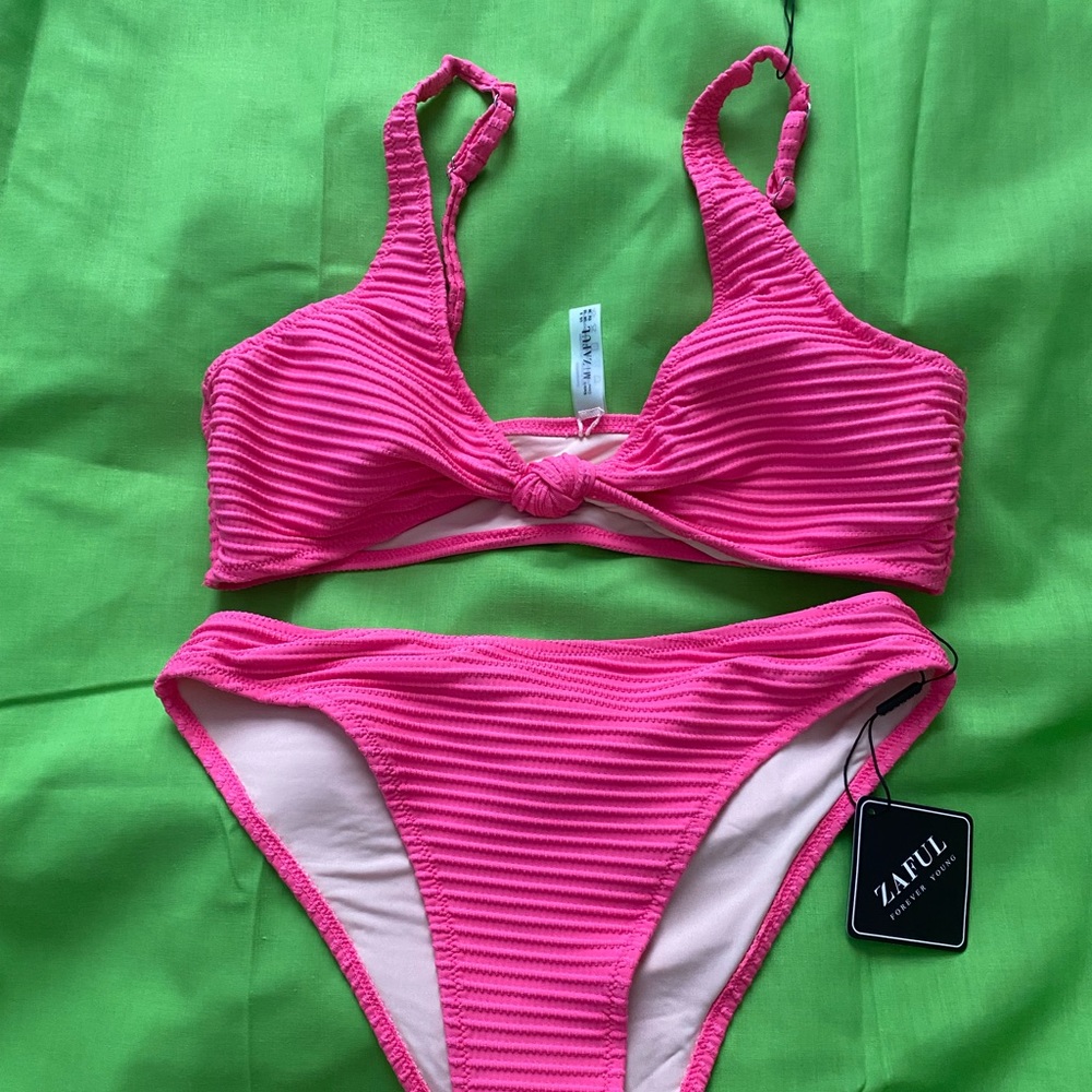 Zaful Bright Pink Ribbed Bikini Set
